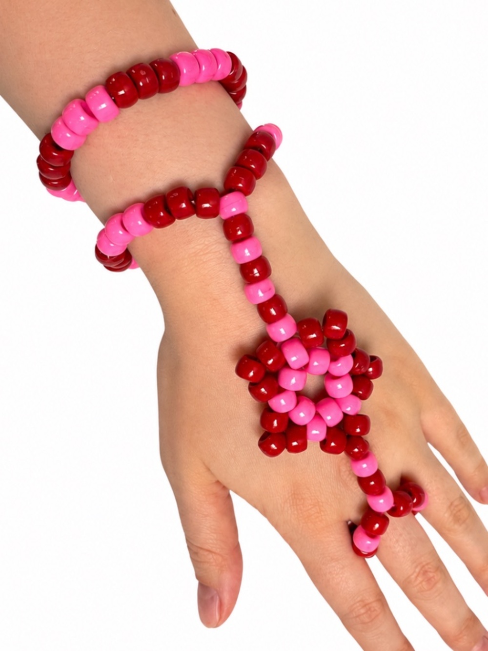 💖 Handmade Pink & Red Beaded Hand Chain Bracelet Ring 💖
